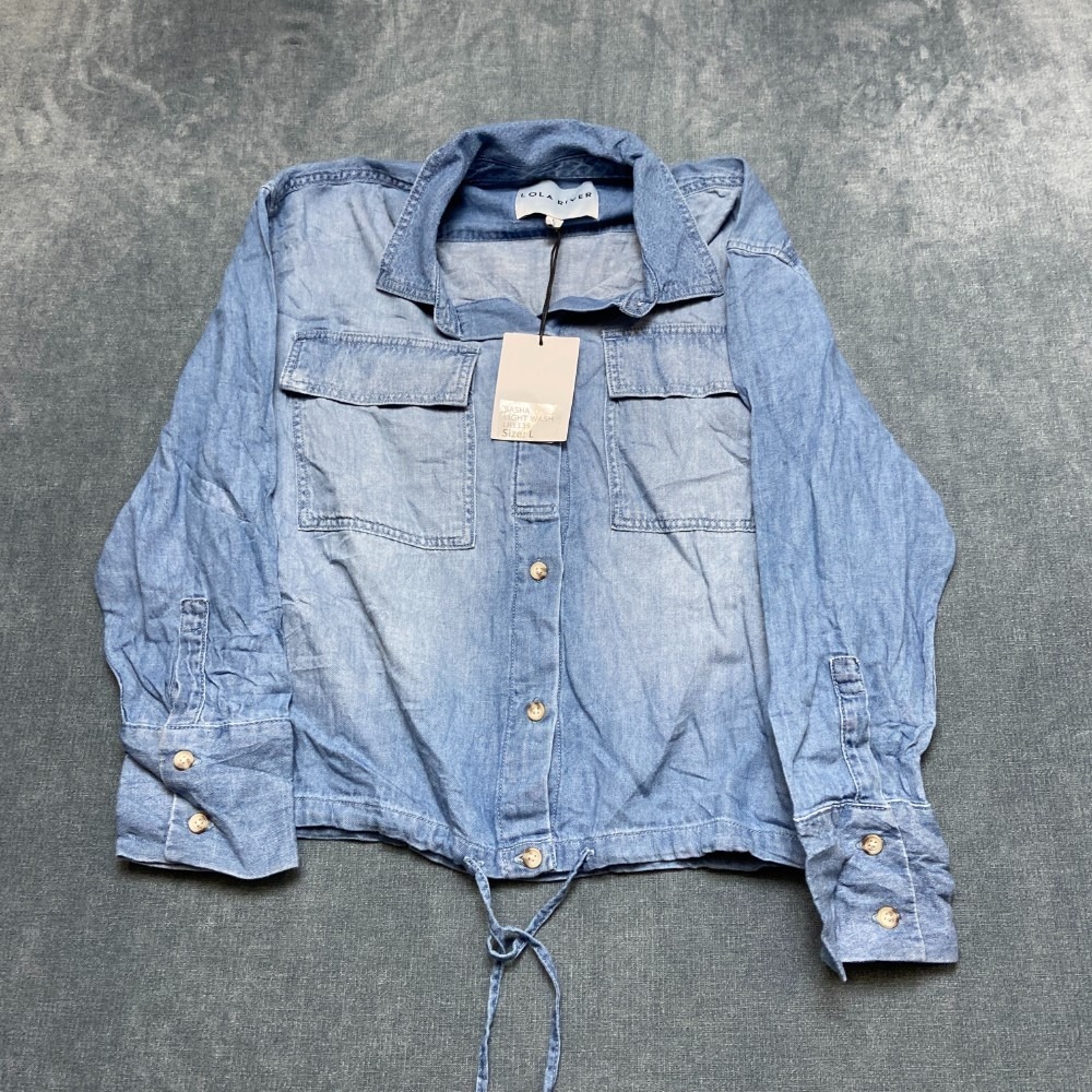 Lola River Sasha Denim Shirt Women Large Blue Long Sleeve Pockets Drawstring Hem